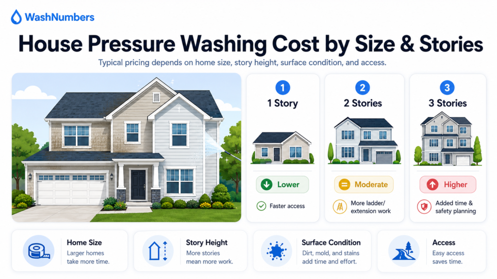 House pressure washing cost estimates by home size and number of stories