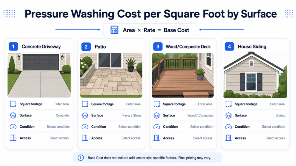 Pressure washing cost per square foot factors by surface type