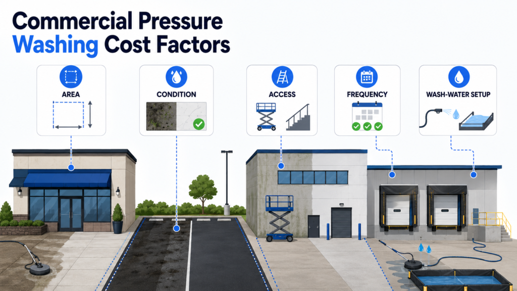 Commercial pressure washing calculator infographic showing cost factors for area, condition, access, frequency, and wash-water setup