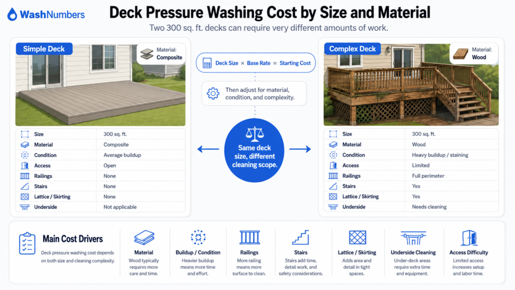 Deck pressure washing cost comparison showing two 300 square foot decks with different cleaning scope, material, railings, stairs, access, and condition