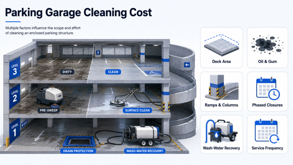 Parking garage cleaning cost infographic showing deck area, oil and gum, ramps, columns, phased closures, wash-water recovery, and service frequency