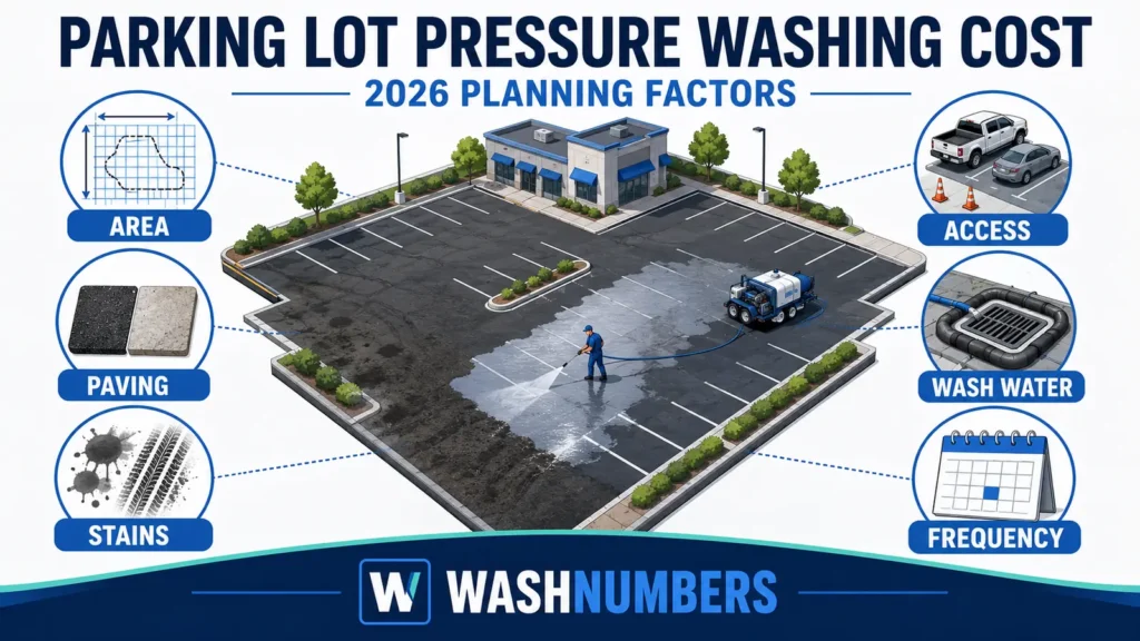 Parking lot pressure washing cost infographic showing square footage, paving type, stains, access, drainage, and service frequency