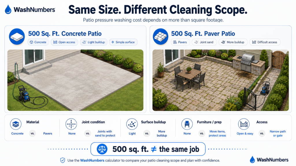 Patio pressure washing cost comparison showing two 500 square foot patios with different materials, joints, condition and access