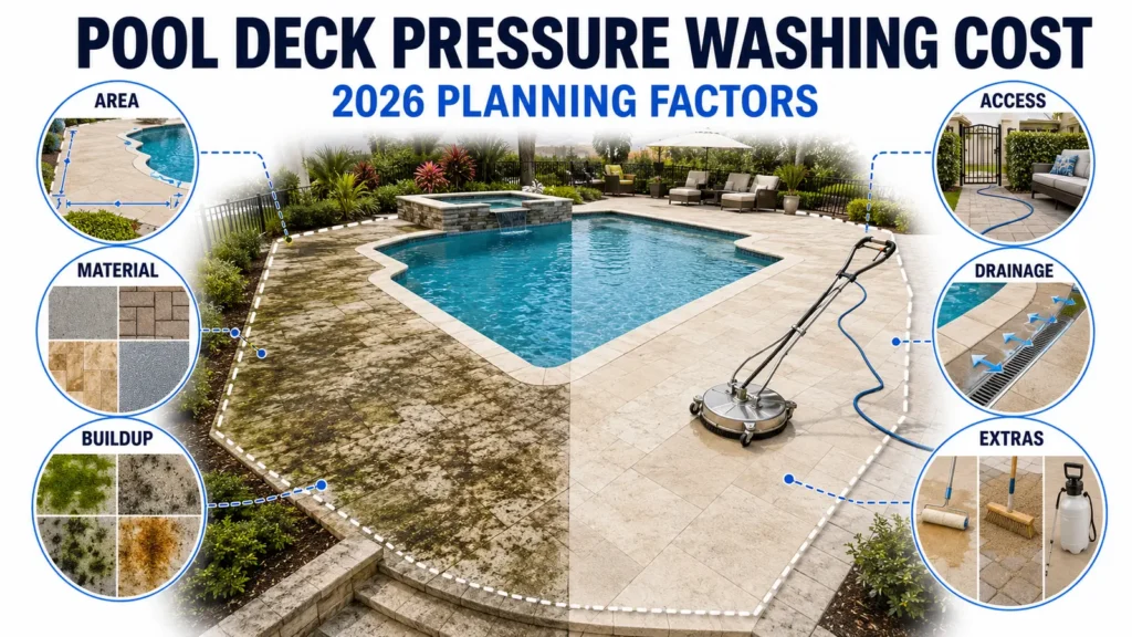 Pool deck pressure washing cost infographic showing area, materials, buildup, access, drainage, and optional extras