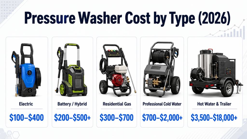 Pressure washer cost by type in 2026 from electric to commercial hot water