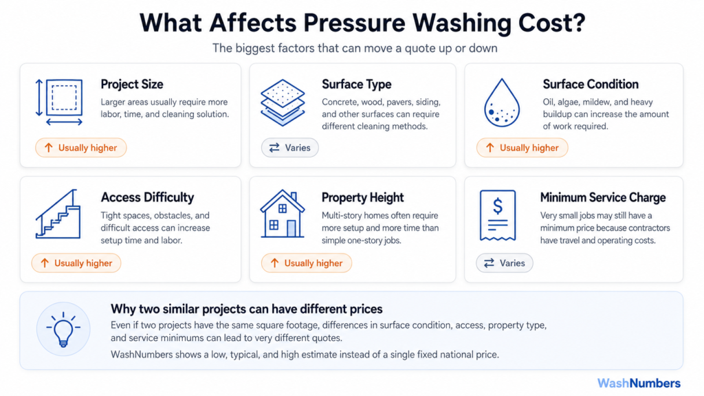 Pressure washing cost calculator infographic showing how project size, condition, access and property height affect price