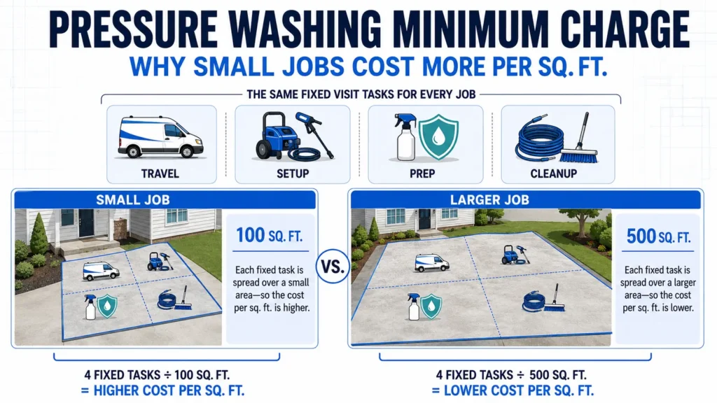 Pressure washing minimum charge infographic comparing fixed travel, setup, preparation, and cleanup across small and larger jobs