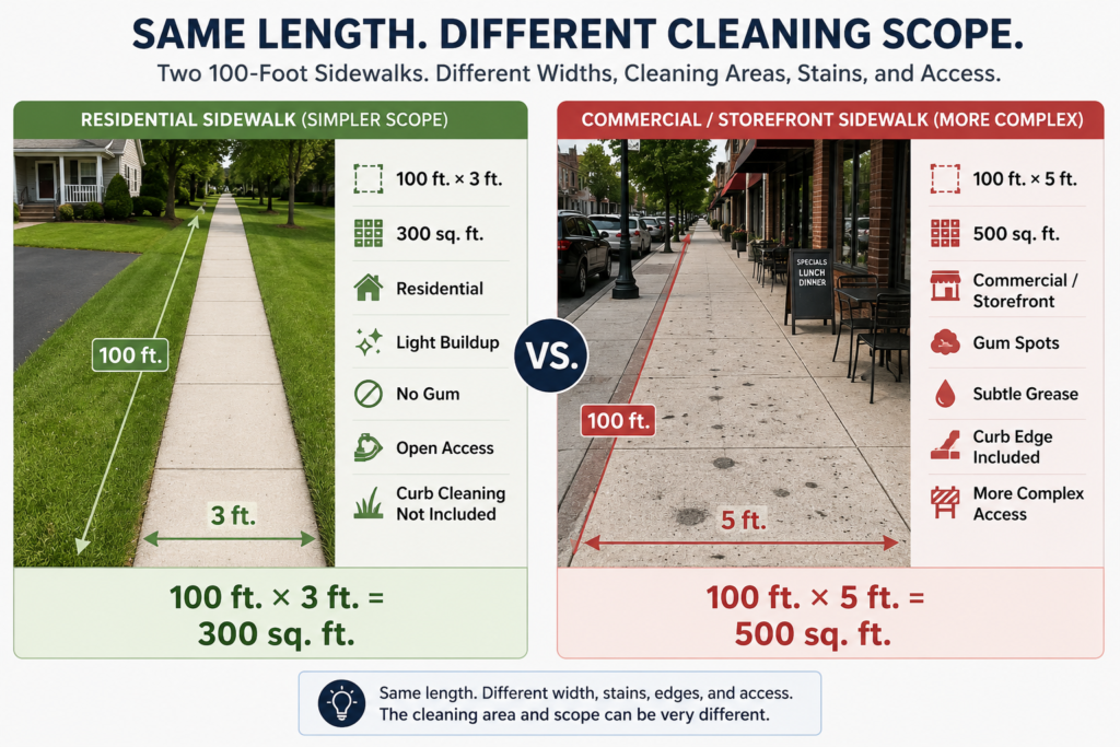 Sidewalk pressure washing cost comparison showing two 100 foot sidewalks with different widths, cleaning areas, stains and access
