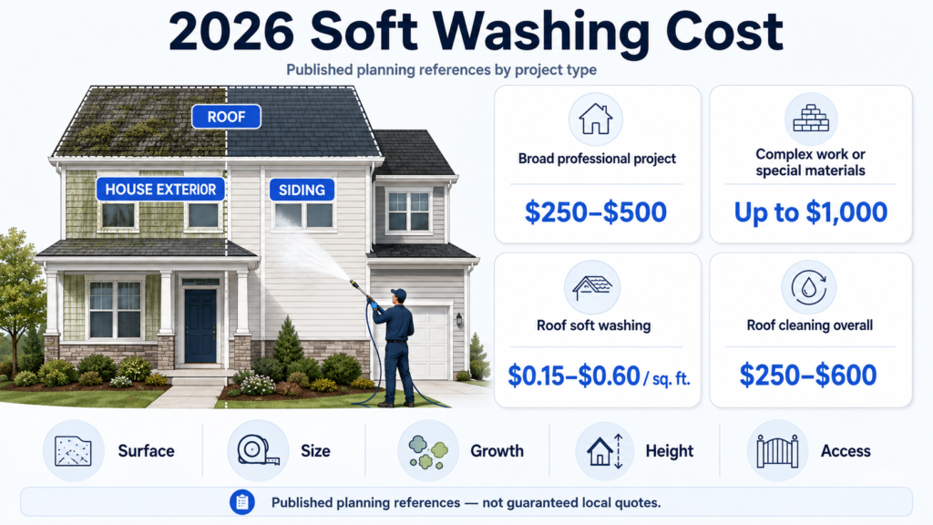 Soft washing cost comparison for houses, roofs, and siding in 2026